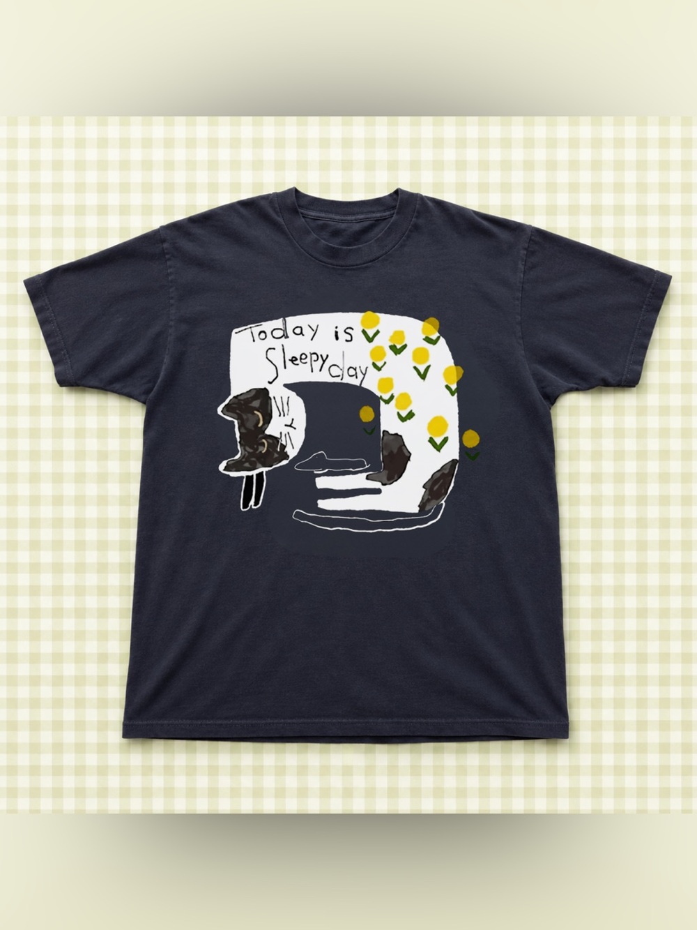 Black Sleepy Day Cat Graphic Tee - Vintage Casual Style